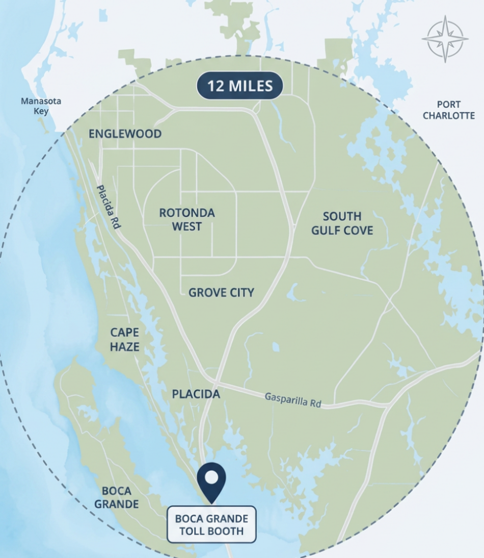 Bridge Runner 941 delivery service area map — 12-mile radius from Boca Grande Toll Booth